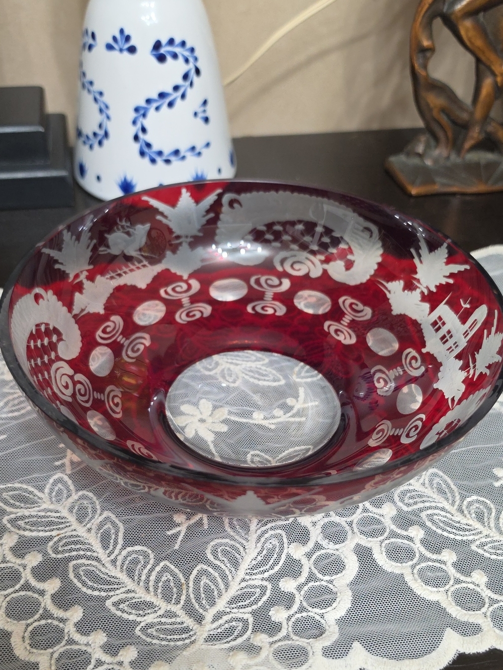vintage Egermann ruby red cut-to-clear Bohemian glass bowl 1940